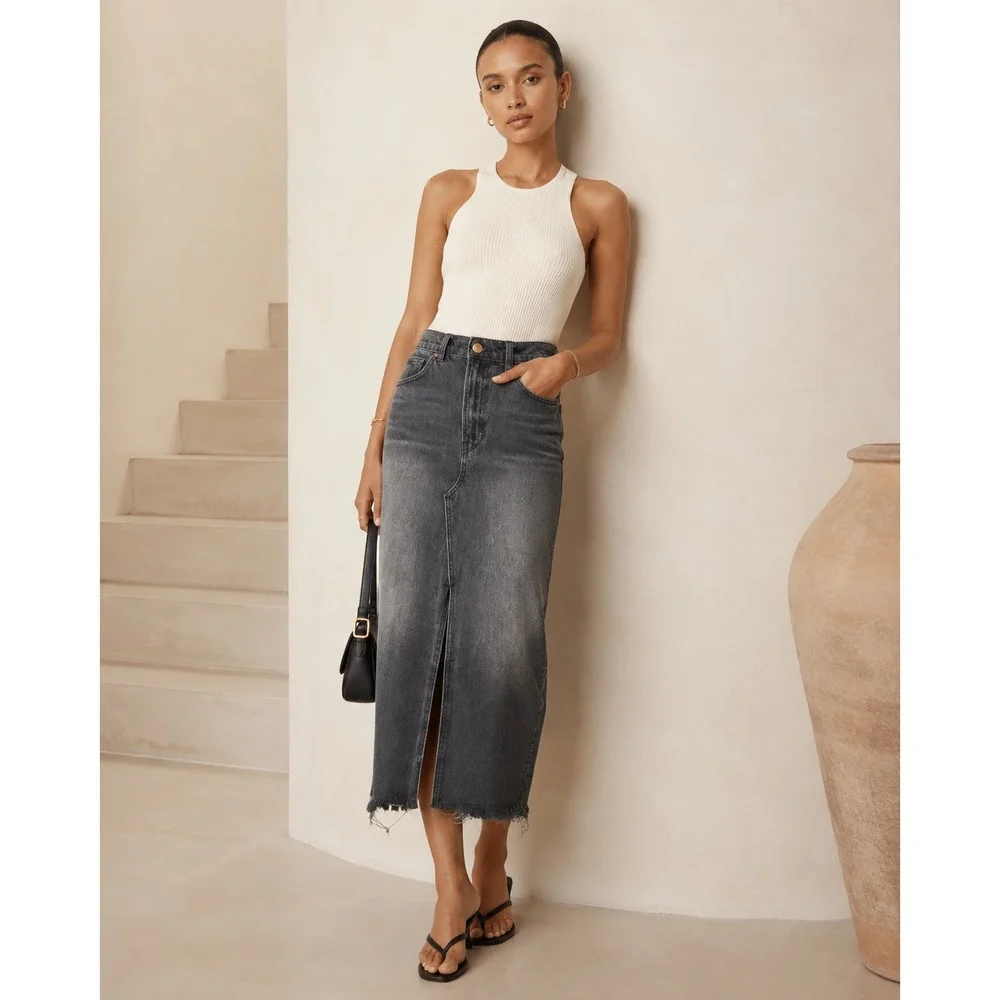 Reformation Nila Long Denim Skirt Front Slit Raw Hem Faded Washed Black Size 28